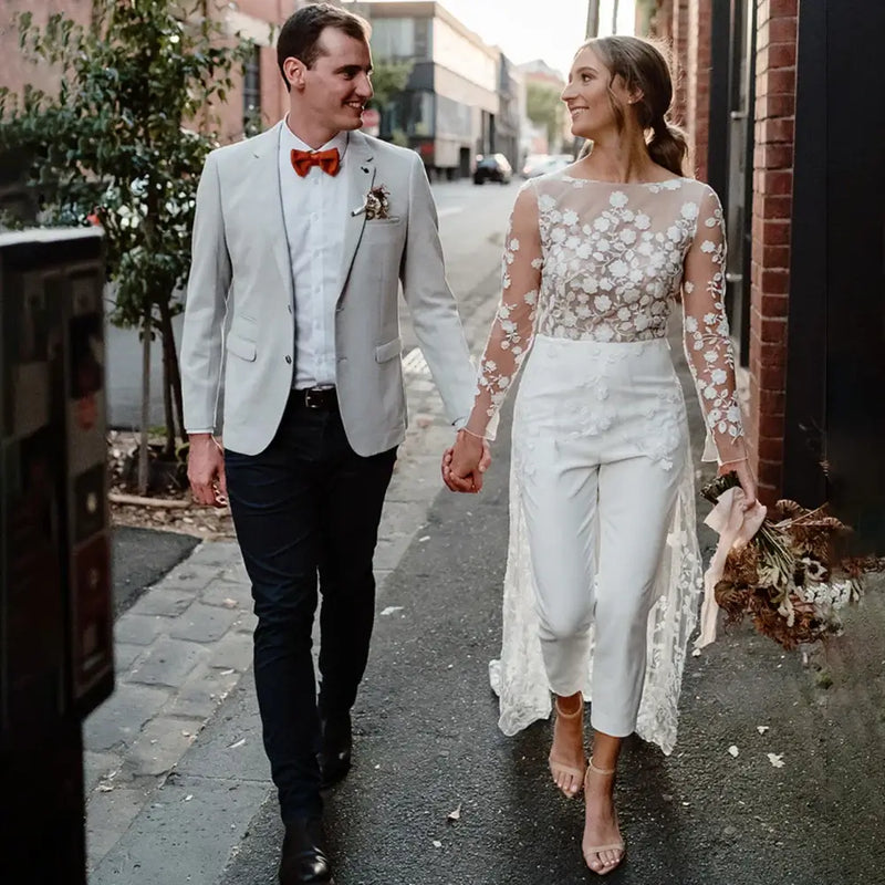 Customized Long-Sleeve Floral Lace Backless Wedding Dress Jumpsuit with Sweep Train