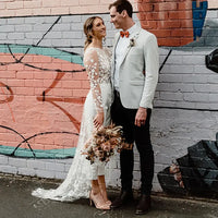 Customized Long-Sleeve Floral Lace Backless Wedding Dress Jumpsuit with Sweep Train