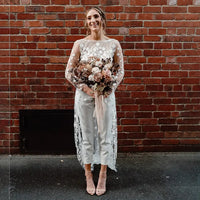 Customized Long-Sleeve Floral Lace Backless Wedding Dress Jumpsuit with Sweep Train
