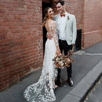 Customized Long-Sleeve Floral Lace Backless Wedding Dress Jumpsuit with Sweep Train