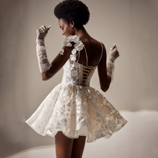 Customized New Full Lace Short Wedding Dresses With 3D Flowers Spaghetti Straps Back Lace Up Mini Bridal Gowns Vestido de Noiva - HER SHOP