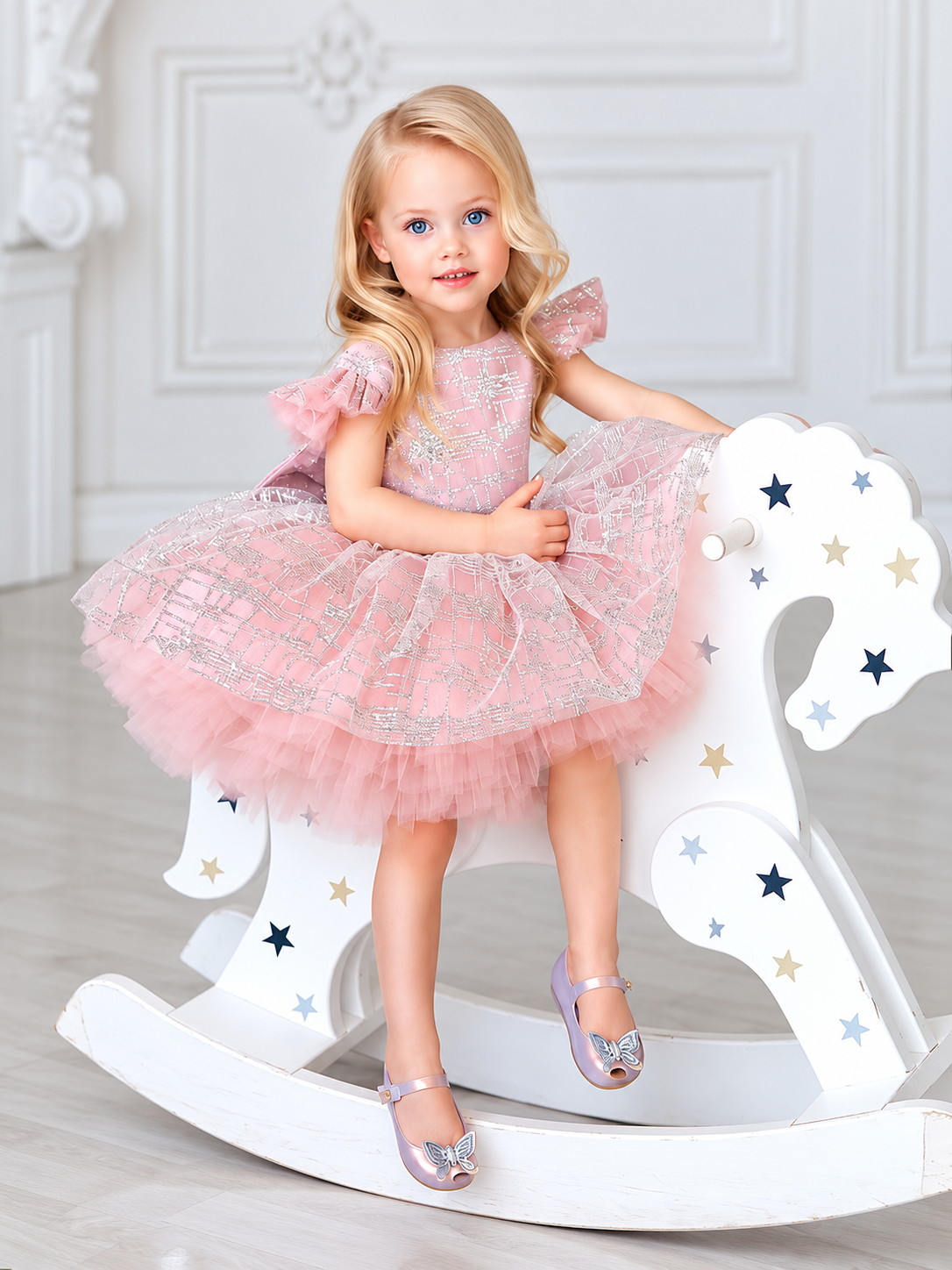 Little girl wearing a pink sequin tulle birthday party dress with a voluminous princess skirt