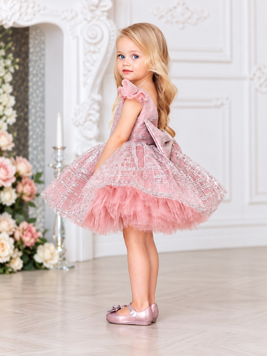 A young blonde girl wearing a pink sleeveless tutu dress with a ruffled bow on the back, standing in a decorated white room with floral arrangements.