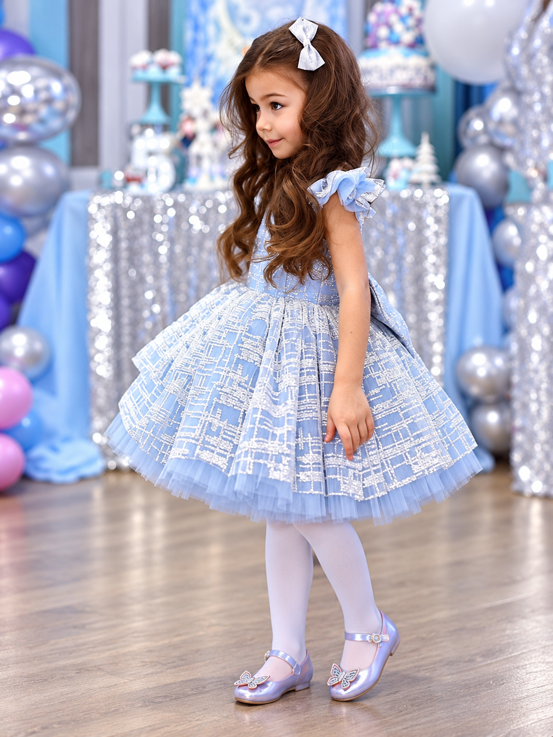 Light blue girls' princess party dress with shimmering sequin lace, flutter cap sleeves and full tulle skirt