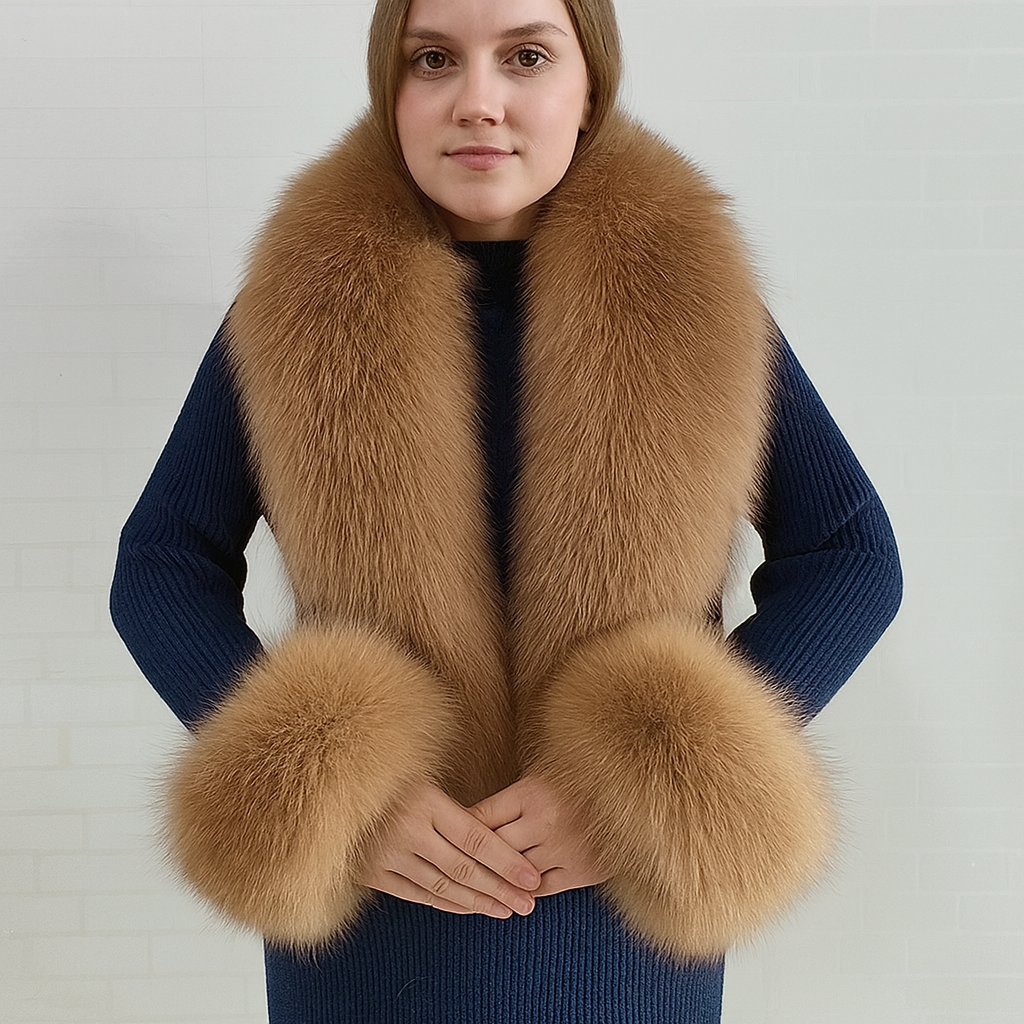 Luxury 100% Natural Fox Fur Scarf & Cuff Set for Women – Authentic Winter Fox Fur Collar, Ultra-Warm Neck Warmer