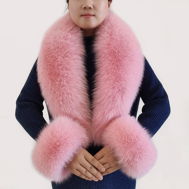 Luxury 100% Natural Fox Fur Scarf & Cuff Set for Women – Authentic Winter Fox Fur Collar, Ultra-Warm Neck Warmer