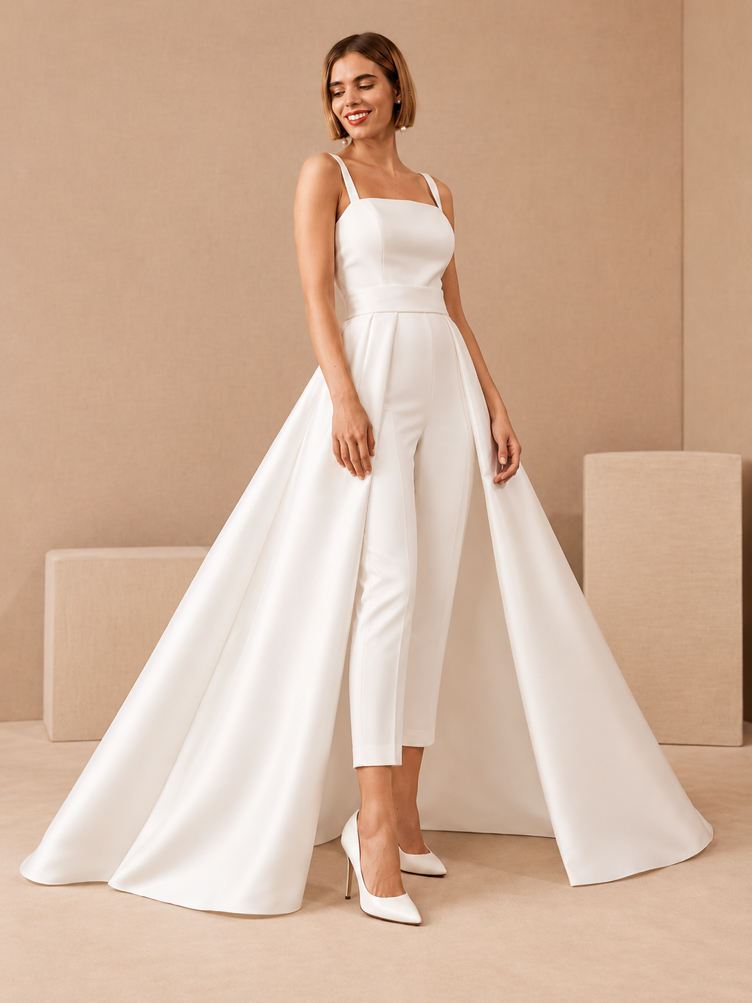 A woman modeling a white sleeveless jumpsuit with a structured bodice, straight legs, and a dramatic flared skirt, posed in a minimalist beige studio setting.