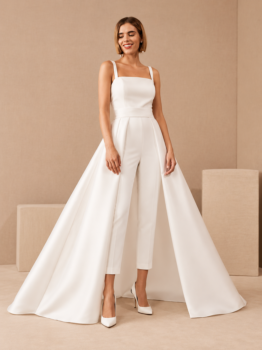 2-in-1 bridal jumpsuit with detachable satin overskirt, square neckline and straight-leg pants – front view