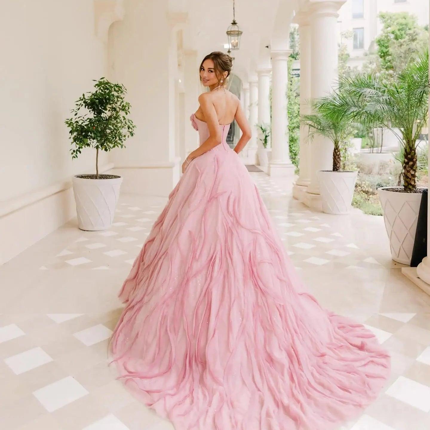 Dreamlike Dusty Rose Pink Couture Evening Gown – Long Bridal Dress with Handmade Flower Details and Puffy Tutu Tulle - HER SHOP
