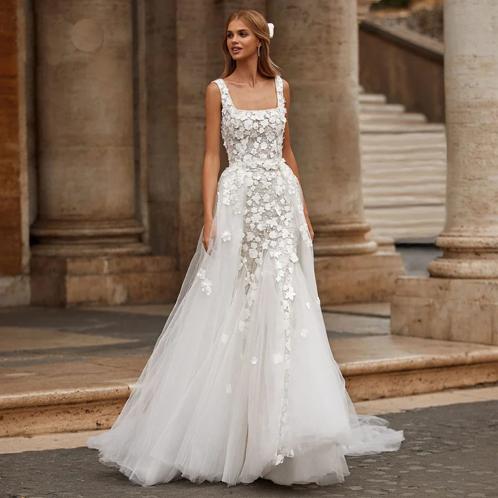 Elegant 2-in-1 Wedding Dress – Floral Embroidery Lace, Square Collar, Romantic Removable Train Bridal Gown