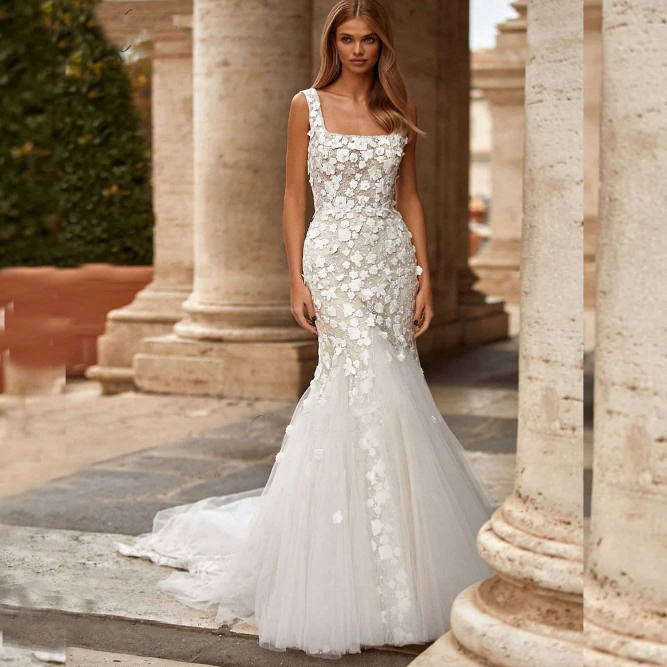 Elegant 2-in-1 Wedding Dress – Floral Embroidery Lace, Square Collar, Romantic Removable Train Bridal Gown