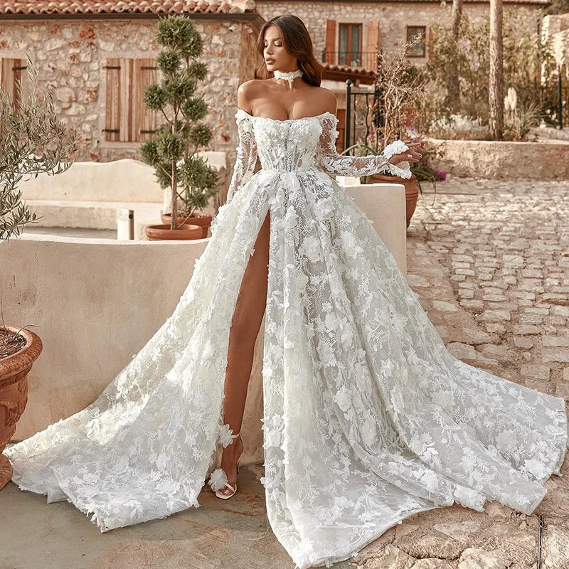 Elegant A-Line 3D Floral Wedding Dress with Long Sleeves and Front Slit – Custom-Made Princess Gown - HER SHOP