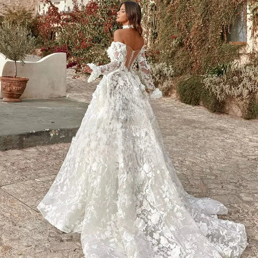 Elegant A-Line 3D Floral Wedding Dress with Long Sleeves and Front Slit – Custom-Made Princess Gown - HER SHOP