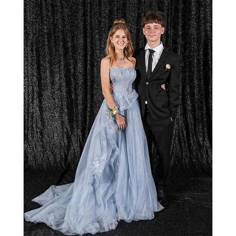 Elegant Blue Strapless A-Line Prom Dress Puffy Tulle Gown with Ruf HER SHOP Elegant Blue Strapless A-Line Prom Dress Puffy Tulle Gown with Ruf HER SHOP