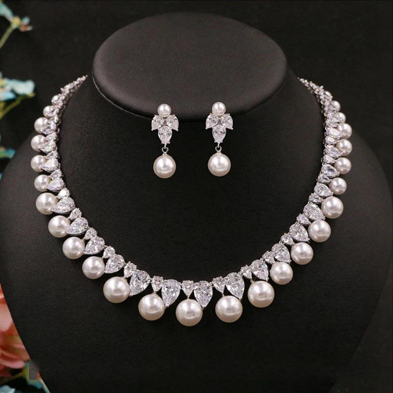 Elegant Cubic Zirconia & Pearl Bridal Jewelry Set - HER SHOP