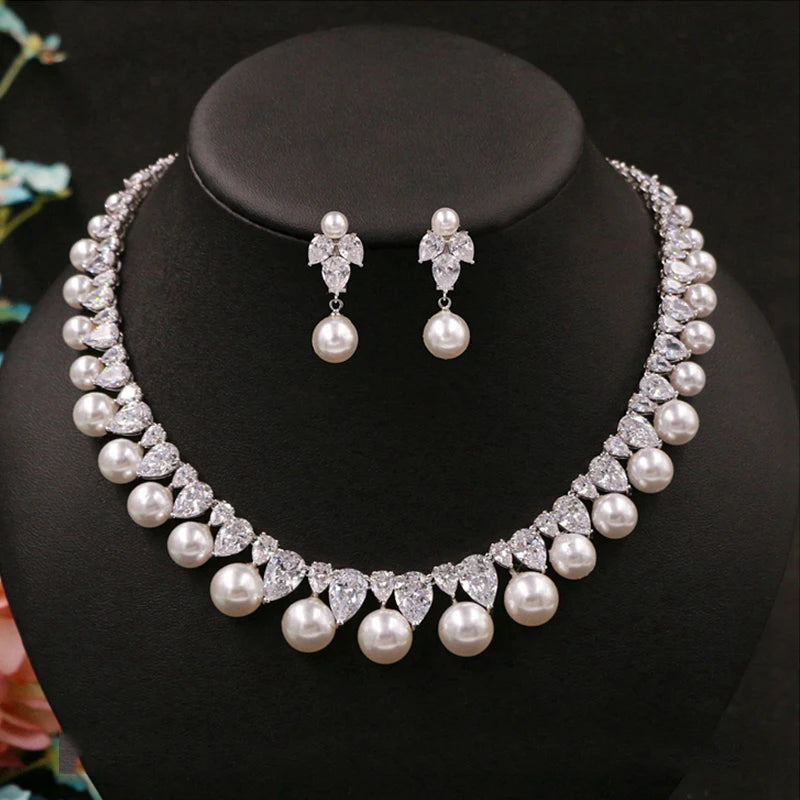 Elegant Cubic Zirconia & Pearl Bridal Jewelry Set