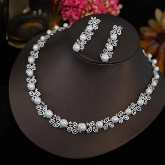 Elegant Cubic Zirconia & Pearl Bridal Jewelry Set for Women - HER SHOP