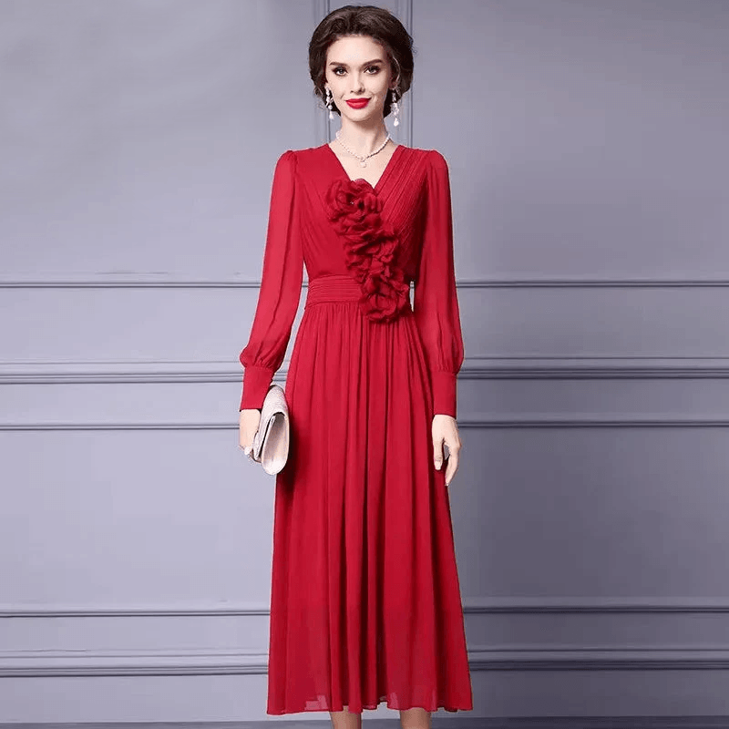 Elegant Solid Color Lantern Sleeve Dress – Women's Chic Appliqued High Waist Pleated Evening Dress for Autumn/Winter

 - HER SHOP