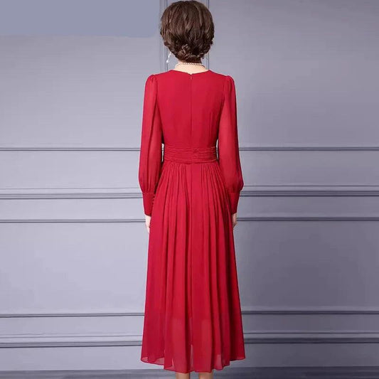 Elegant Solid Color Lantern Sleeve Dress – Women's Chic Appliqued High Waist Pleated Evening Dress for Autumn/Winter

 - HER SHOP