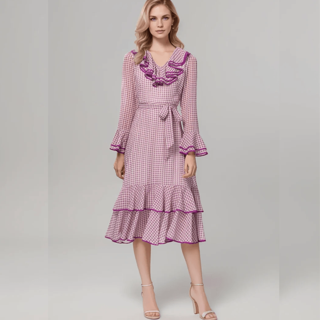 Elegant Vintage Houndstooth Midi Dress – Spring/Summer Fashion, Ruffle V-Neck with Belt, Casual Women’s Runway Design - HER SHOP