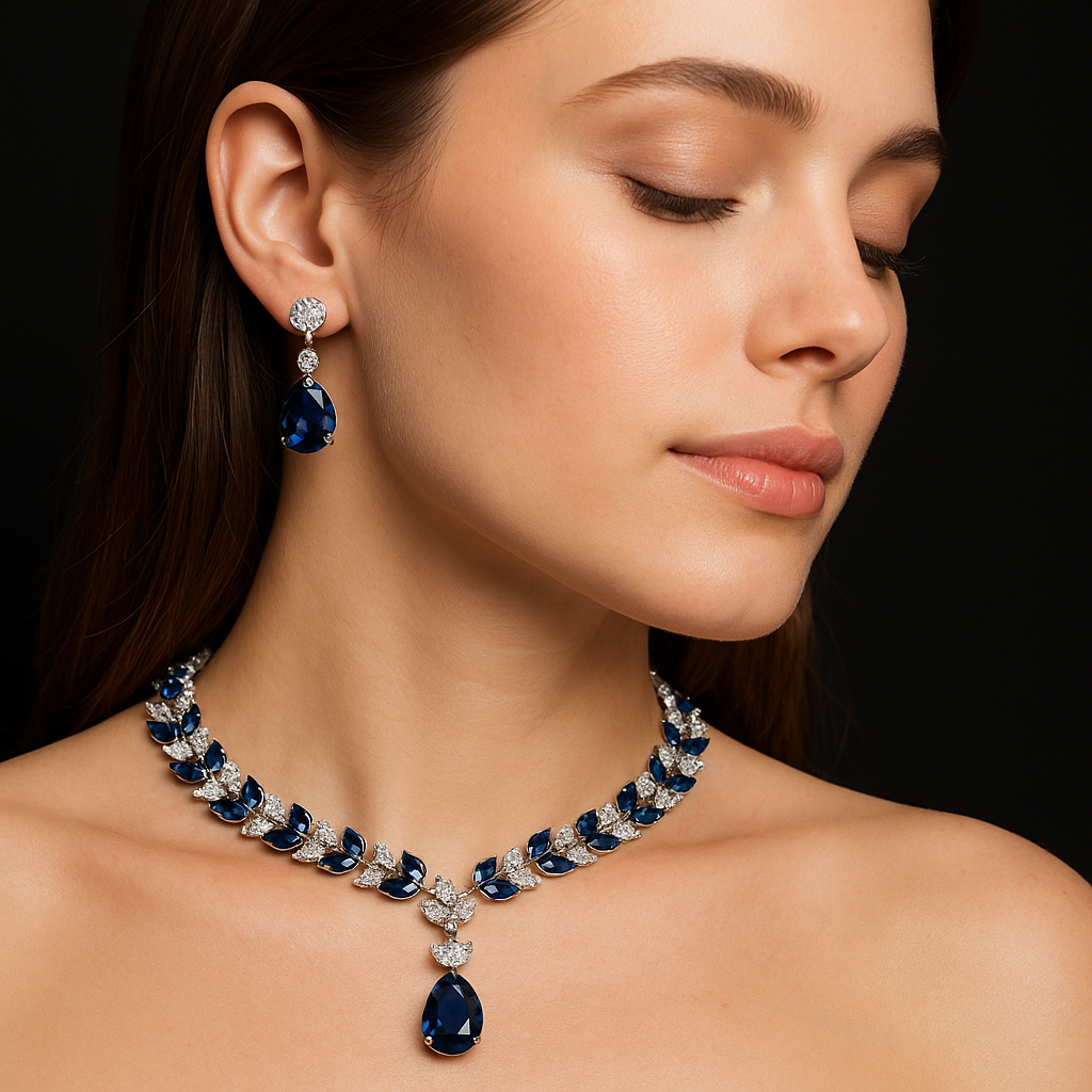 European & American Luxury Colorful Water Drop Zircon Necklace and Earrings Set Wheat-Inspired 2-Piece Bridal Jewelry for Wedding or Dinner Party Gift