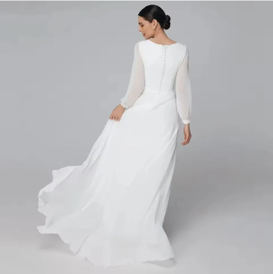 Exquisite Ivory A-Line Wedding Dress – O-Neck Satin Chiffon Floor-Length Bridal Gown | Custom-Made 2025 Design - HER SHOP