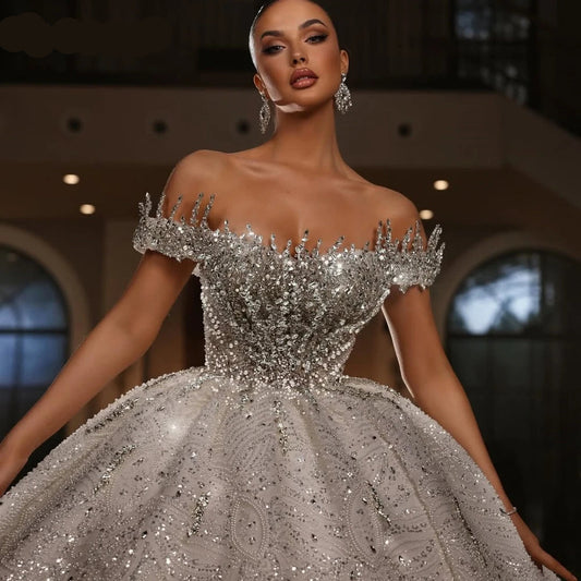 Exquisite Off-the-Shoulder Beaded Wedding Dress with Shiny Rhinestones – Custom Lace-Up Ball Gown for Brides - HER SHOP