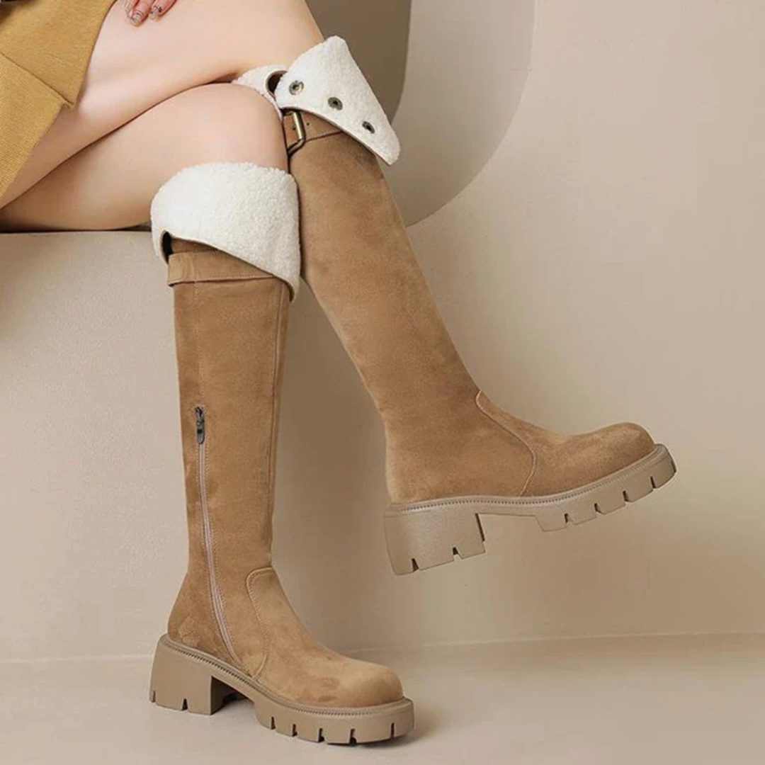 Flock Fur Over-the-Knee Winter Boots – Round Toe, Lace-Up, Zipper & Buckle Design, Thick Medium Heels, Warm Punk Snow Riding Style - HER SHOP