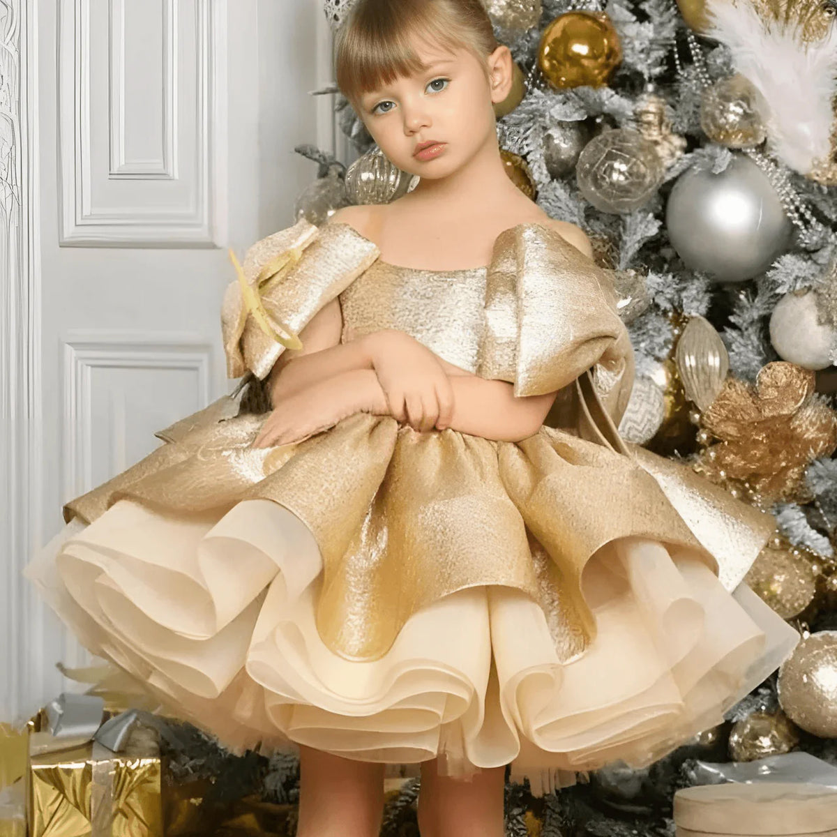 Elegant Satin Flower Girl Dress with Bow – Knee-Length Princess Gown for Weddings, Parties, and Celebrations