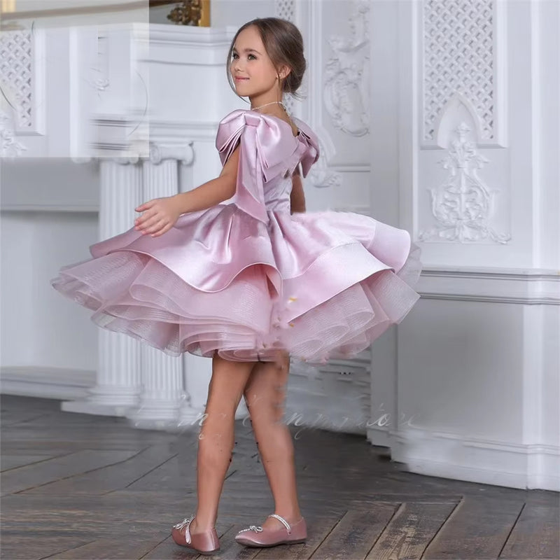 Elegant Satin Flower Girl Dress with Bow – Knee-Length Princess Gown for Weddings, Parties, and Celebrations