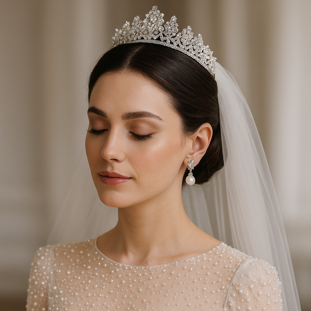 Bride wearing a tiara, veil, and pearl earrings against a neutral background