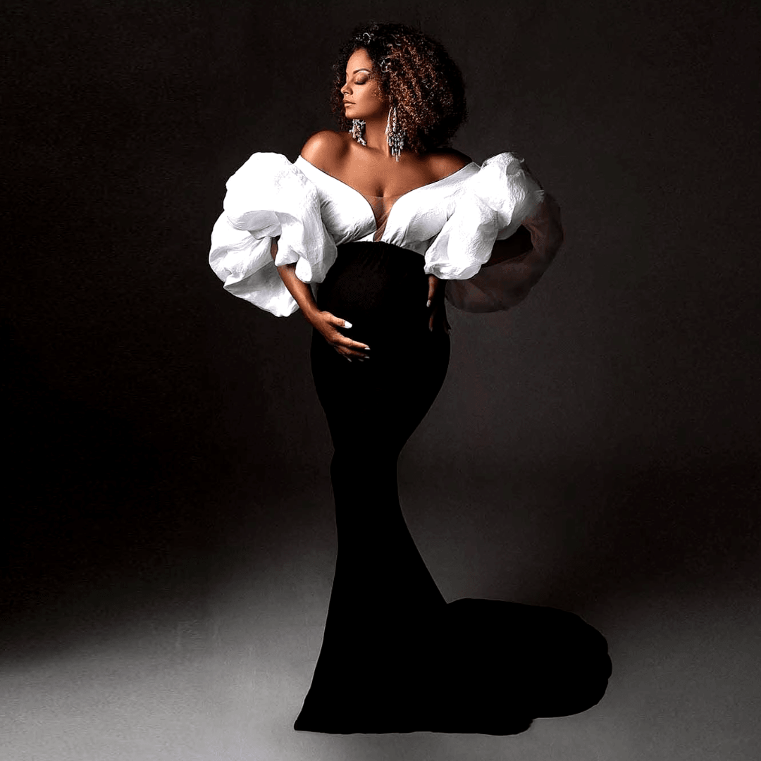 Gorgeous Black and White Mermaid Maternity Dress - Puff Sleeves Photoshoot Gown for Pregnant Women - HER SHOP