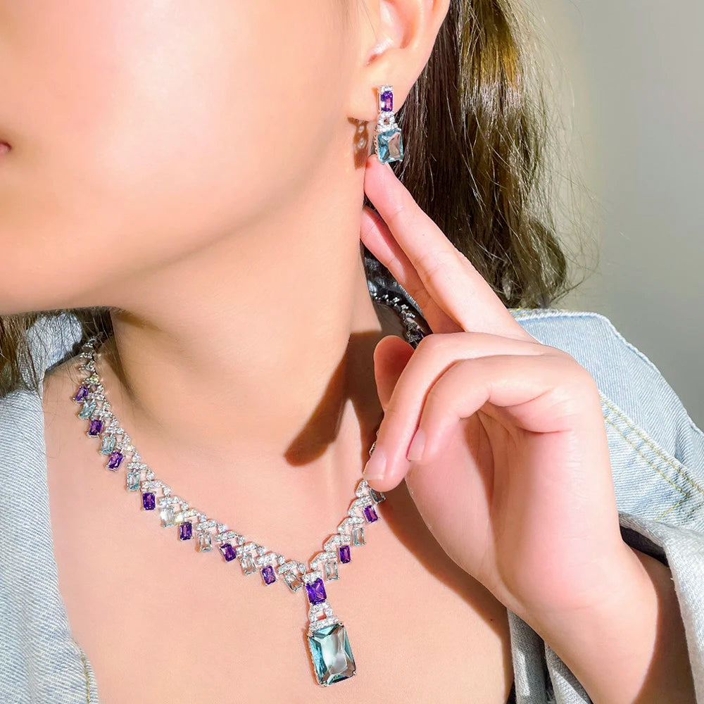Luxury Blue & Purple Cubic Zirconia Bridal Jewelry Set – Silver Square Drop Necklace & Earrings for Wedding or Party