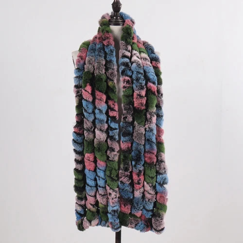 Knitted Fashion Lady Real Rex Rabbit Fur Scarf Women Winter Warm Natural Fur Scarves Long Style Real Fur Neckerchief