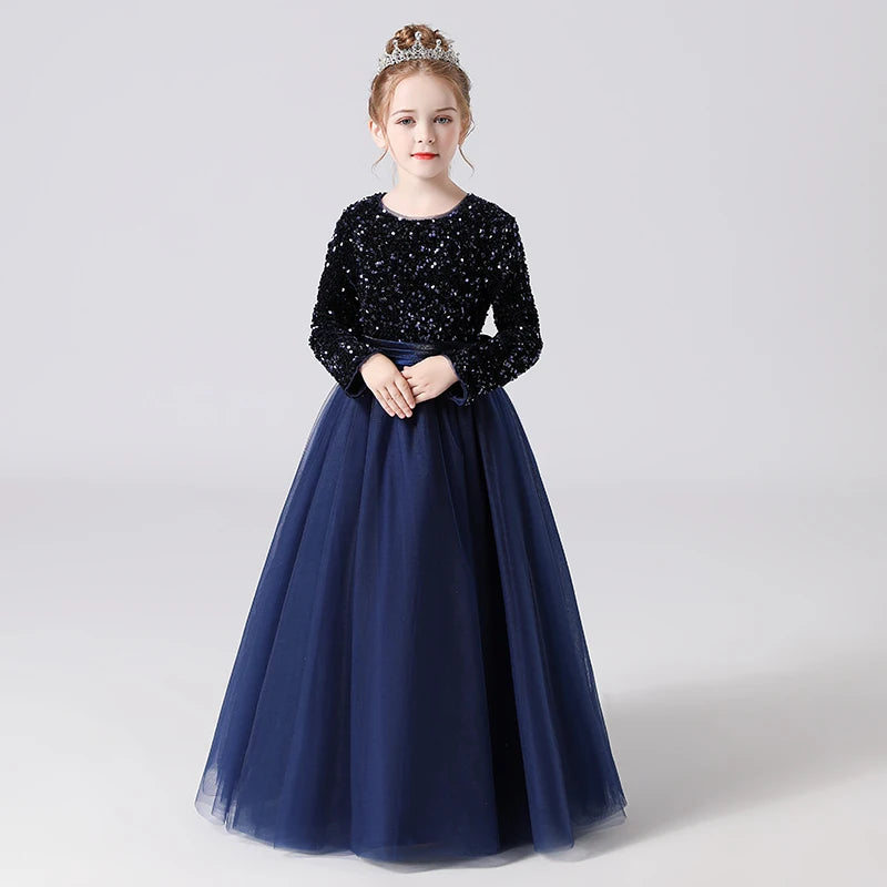 Customized Glitter Sequin Long-Sleeve Flower Girl Dress