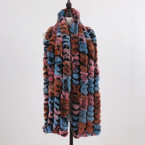 Knitted Fashion Lady Real Rex Rabbit Fur Scarf Women Winter Warm Natural Fur Scarves Long Style Real Fur Neckerchief