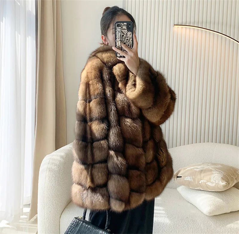 Women’s Original High End Russian Sable Fur Coat with Lapel Collar – Luxury Starrysky-Inspired Mink-Style Fur, Loose & Versatile Design