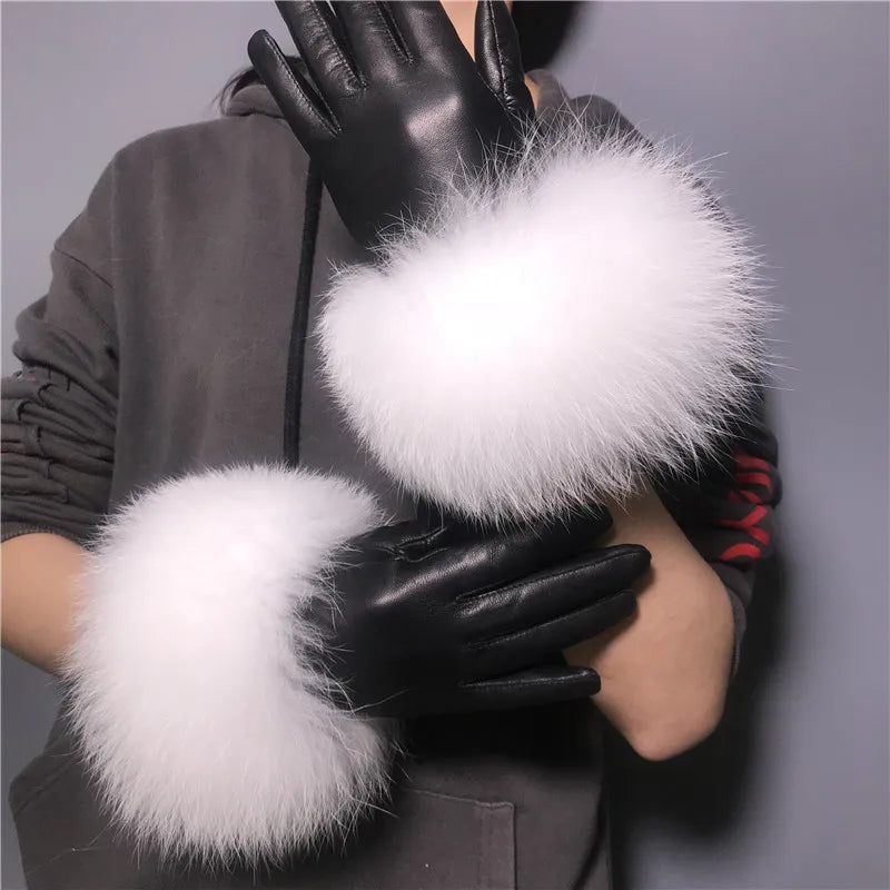 Luxury Fox Fur & Genuine Sheepskin Leather Gloves for Women – Winter Warm Driving Mittens with Real Fur Cuffs
