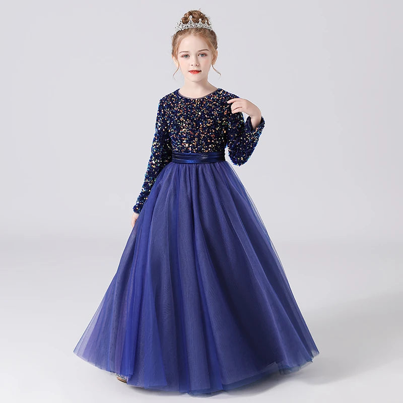 Customized Glitter Sequin Long-Sleeve Flower Girl Dress