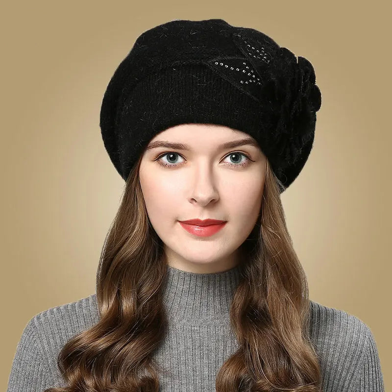 Women Rabbit Berets Knitted Wool Hats Winter Flowers Warm Female Cap Girls Beanies Fur Hat Gorros Bonnet Femme Hiver 2023