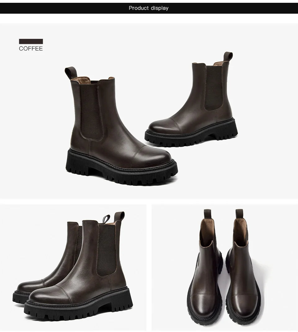 Women’s Genuine Cow Leather Ankle Boots – White Round Toe Platform Boots with Stitching Design