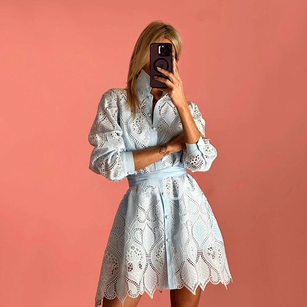 Womens Clothing Casual Style Summer Solid Color Single Breasted Lapel Lace Hollow Embroidery Dress - HER SHOP
