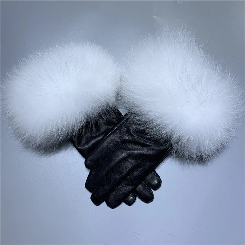 Luxury Fox Fur & Genuine Sheepskin Leather Gloves for Women – Winter Warm Driving Mittens with Real Fur Cuffs