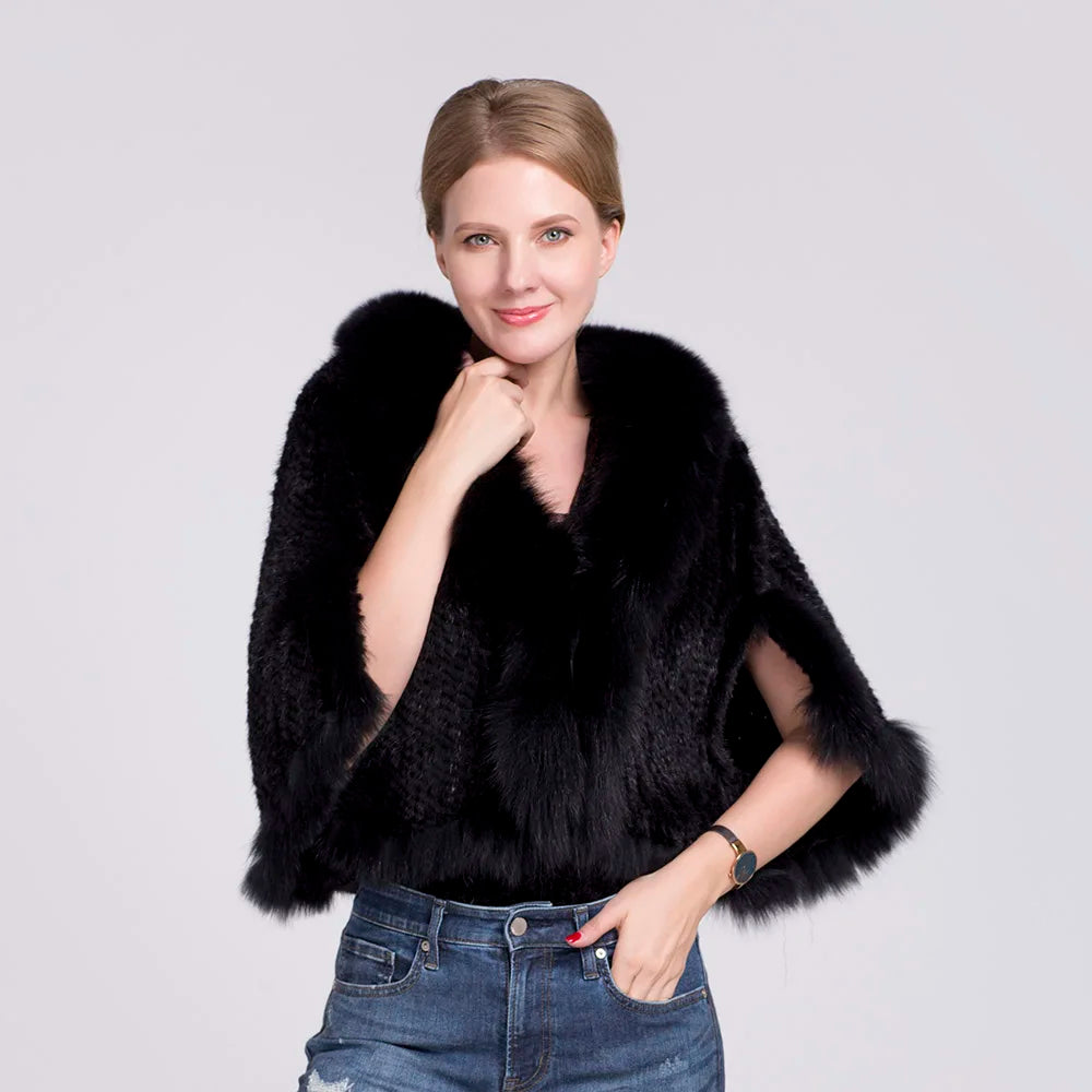 Ms.MinShu-Natural Mink Fur Poncho for Women, Trimmed Mink Fur Coat, Fox Fur Collar, Sleeveless, Woven Jacket, Outwear