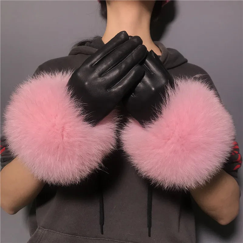 Luxury Fox Fur & Genuine Sheepskin Leather Gloves for Women – Winter Warm Driving Mittens with Real Fur Cuffs
