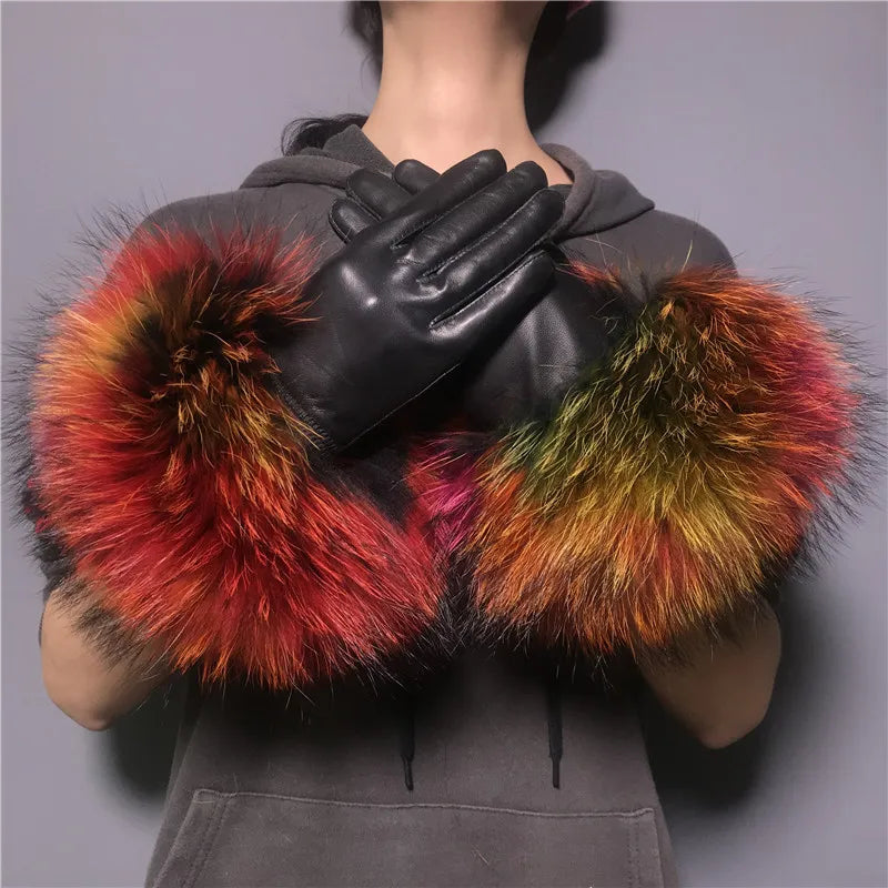 Luxury Fox Fur & Genuine Sheepskin Leather Gloves for Women – Winter Warm Driving Mittens with Real Fur Cuffs