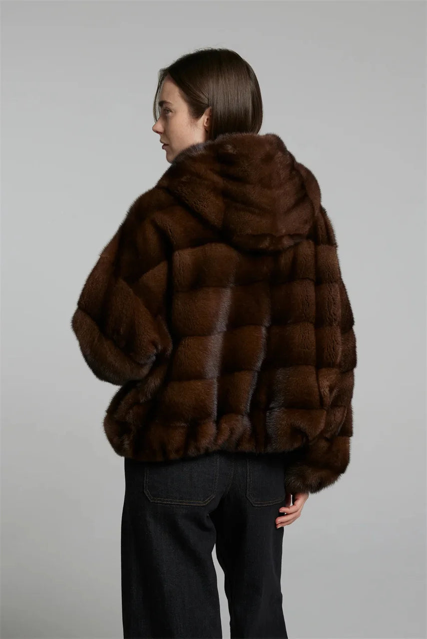 Women’s Windproof Mahogany Mink Fur Coat with Ho