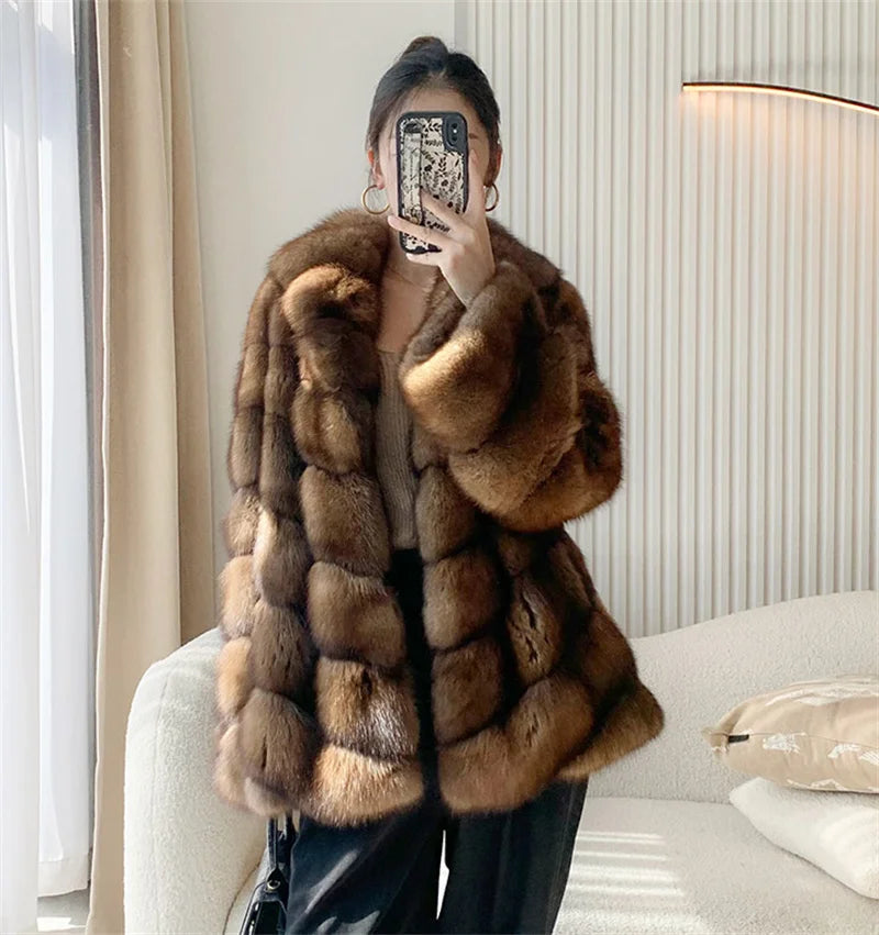 Women’s Original High End Russian Sable Fur Coat with Lapel Collar – Luxury Starrysky-Inspired Mink-Style Fur, Loose & Versatile Design