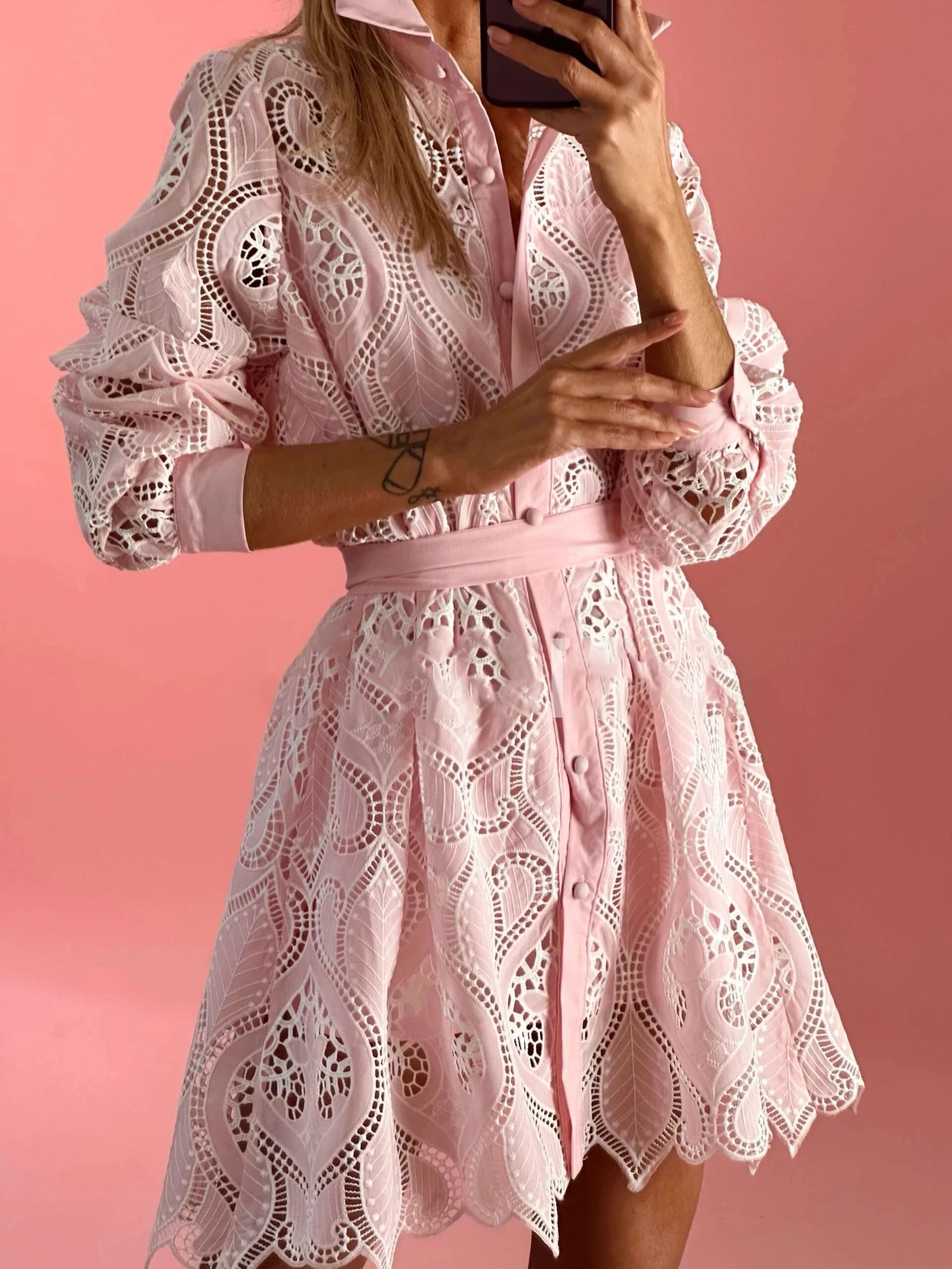 Womens Clothing Casual Style Summer Solid Color Single Breasted Lapel Lace Hollow Embroidery Dress