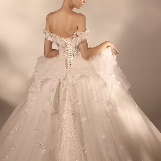 Elegant Off-Shoulder Appliqued Flower Ball Gown Wedding Dress - HER SHOP